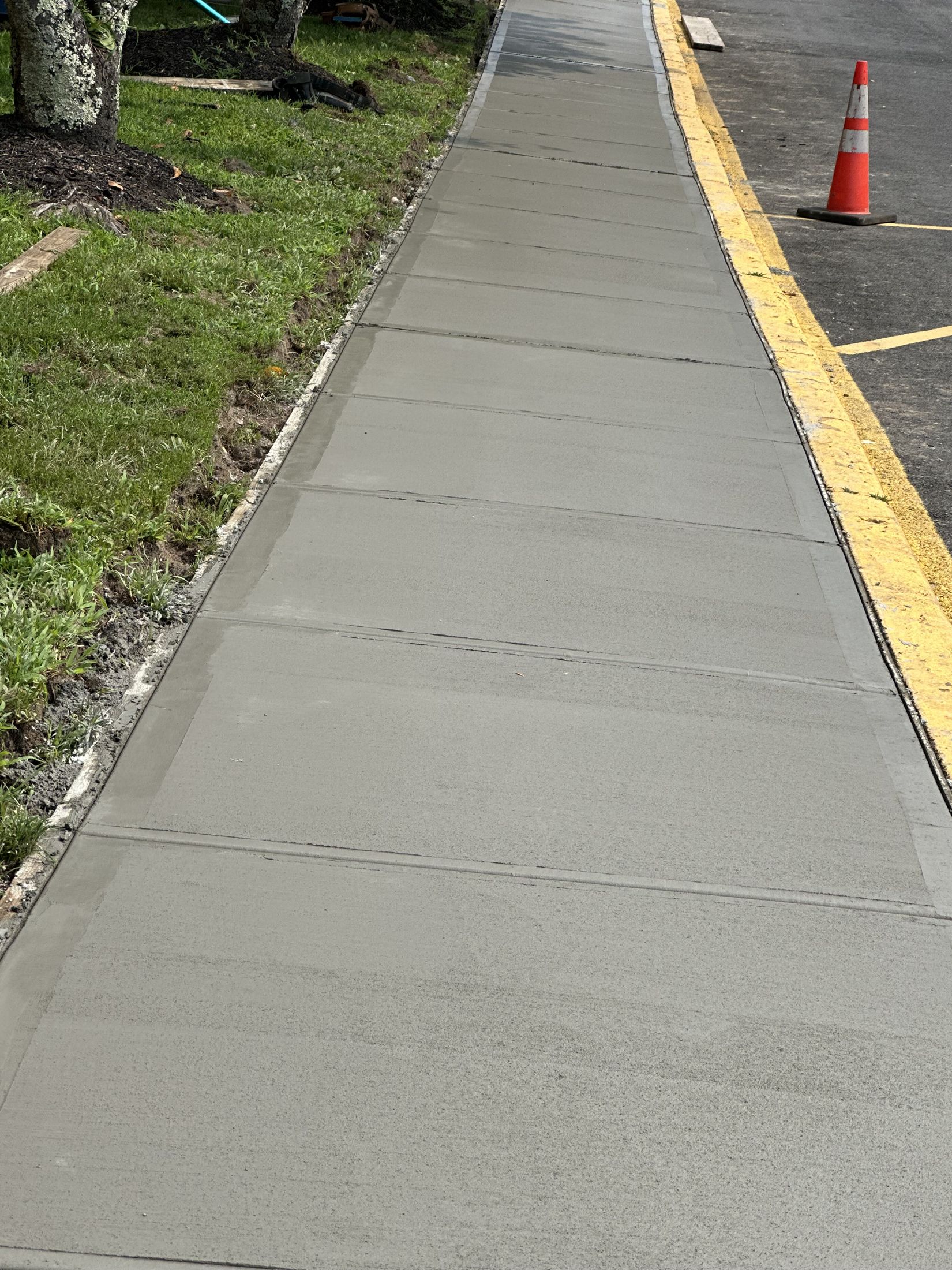 New concrete sidewalk along a yellow curb at an assisted living facility in Port Jefferson Station, New York